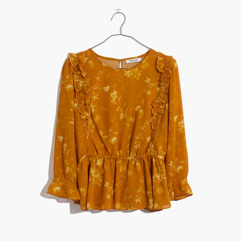 Floral Ruffle Women's Top - Mustard Yellow